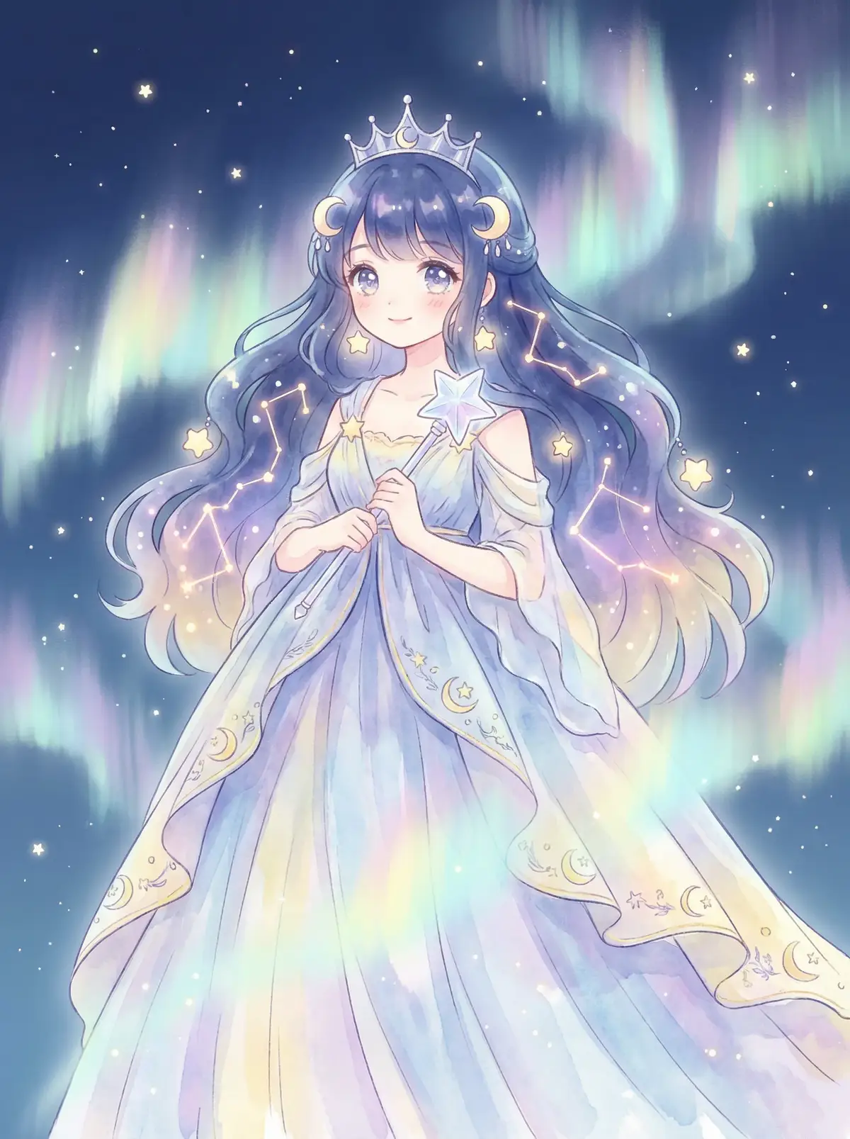 黑帮大佬和我的我356日未删减 - 星辰公主希尔角色设定图，手持星光权杖